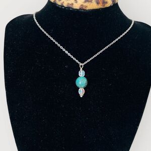 Round  turquoise & clear crystal pendant silver wire wrapped plus necklace